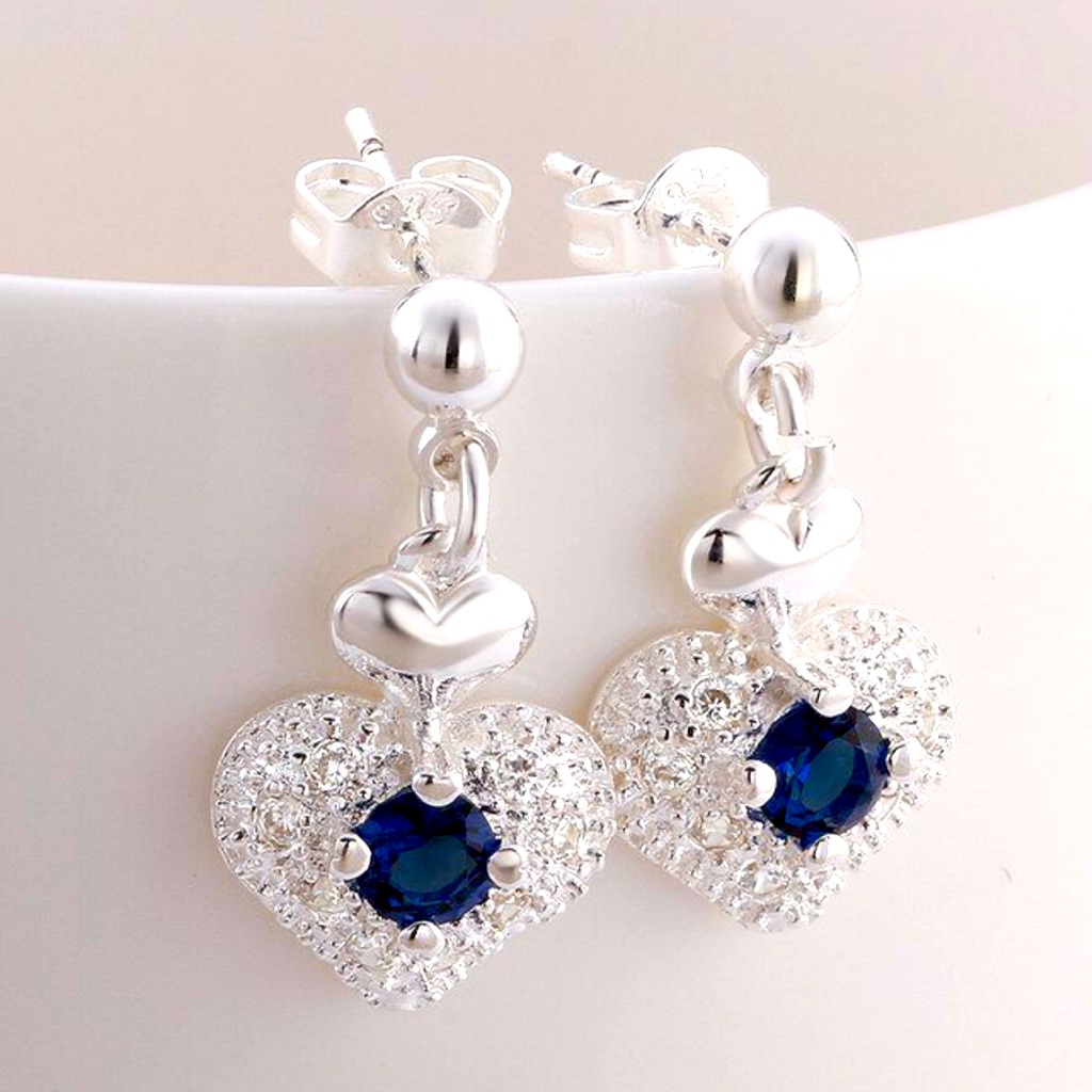 New Elegant 925 Silver Drop Blue Sapphire Earrings